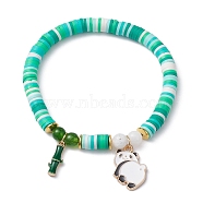 Polymer Clay Disc & Natural Malaysia Jade & TaiWan Jade Beaded Stretch Bracelet, with Alloy Enamel Panda & Bamboo Charms, White, Wide: 6.5mm, Inner Diameter: 2-1/8 inch(5.35cm)(BJEW-JB09652-02)