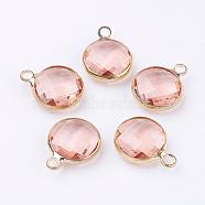 Golden Tone Brass Glass Flat Round Charms, Faceted, PeachPuff, 12x8.5x3mm, Hole: 1.5mm(GLAA-M003-A-16G)