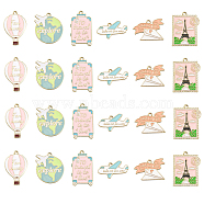 30Pcs 6 Styles Alloy Pendants, with Enamel, Light Gold, Travel Theme, Suitcase & Hot Air Balloon & Plane, Pink, 32x24.5x1.5mm, Hole: 2mm, 5pcs/style(ENAM-CJ0002-96)