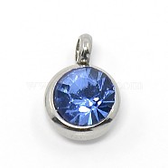 Trendy Original Color 304 Stainless Steel Grade A Rhinestone Flat Round Charm Pendants, Faceted, Stainless Steel Color, Cobalt, 9x6.5x4mm, Hole: 2mm(RB-M030-06I)