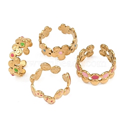 4Pcs 304 Stainless Steel Enamel Cuff Open Rings, Flower/Flat Round, Golden, 6~10.5mm, 17~18mm(RJEW-P179-02G)