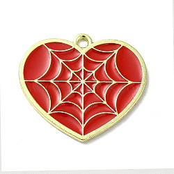 Alloy Enamel Pendants, Golden, Heart with Spider Web Charm, Red, 22x25x1mm, Hole: 2mm(ENAM-04G-04G-03)