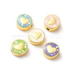 Rack Plating Brass Enamel Beads, with Shell Chips, Long-lasting Plated, Cadmium Free & Lead Free, Flat Round with Heart, Golden, Mixed Color, 11x4.5mm, Hole: 1.8mm(ENAM-D044-02G)