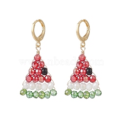 Glass Braided Beaded Watermelon Dangle Leverback Earrings, Brass Wire Wrap Jewelry for Women, Colorful, 40mm, Pin: 0.8mm(EJEW-TA00139)