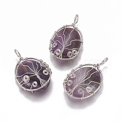 Natural Amethyst Pendants, with Brass Findings, Oval with Tree, Platinum, 43.5x26x9mm, Hole: 5.5x4mm(G-K296-A04-P)