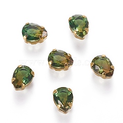 Sew on Rhinestone, Glass Rhinestone, with Golden Tone Brass Prong Settings, Garments Accessories, Faceted, Teardrop, Yellow Green, 8x6x5mm, Hole: 1mm(RGLA-J013-E01-002TO)