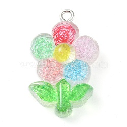 Translucent Resin Pendants, Glitter Charms with Platinum Tone Iron Loops, Flower, 29x7.5x6.5mm, Hole: 2mm(RESI-Z014-02D)