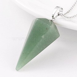 Cone Pendulum Platinum Tone Brass Green Aventurine Pendants, 39~41x18~19mm, Hole: 5x8mm(G-F267-05B)