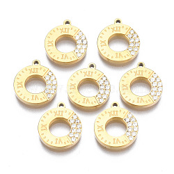 316 Surgical Stainless Steel Charms, with Micro Pave Clear Cubic Zirconia, Ring, Real 14K Gold Plated, 11.5x10x1mm, Hole: 1mm(STAS-N097-026)