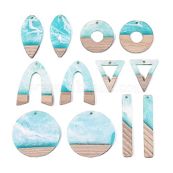 12Pcs 6 Styles Opaque Resin & Ash Wood Pendants, Mixed Shapes Charms, Cyan, 27~52x7.5~38x2.5~4mm, Hole: 1.8~2mm, about 6 Styles(RESI-N053-12)