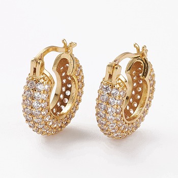 Brass Micro Pave Clear Cubic Zirconia Hoop Earrings, Long-Lasting Plated, Crescent Moon, Golden, 20x18x5.5mm, Pin: 1mm