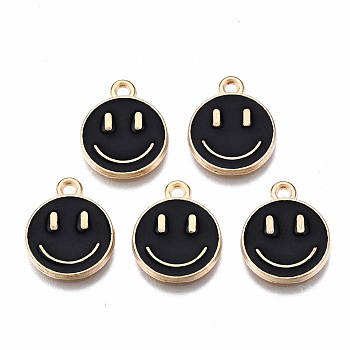Alloy Enamel Charms, Cadmium Free & Lead Free, Smiling Face, Light Gold, Black, 14.5x12x1.5mm, Hole: 1.5mm