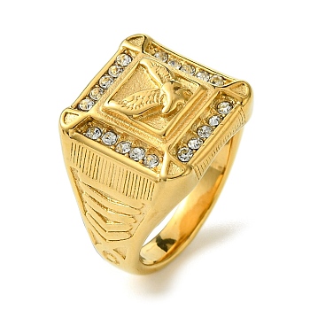 Ion Plating(IP) Square with Bird 304 Stainless Steel Rhinestone Signet Rings, Wide Band Ring for Men, Golden, US Size 8~12(18.1~21.4mm)