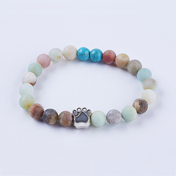 Natural Gemstone and Flower Amazonite Stretch Bracelets, with Alloy Findings, Dog Footprints, Antique Silver, 2 inch(50mm)