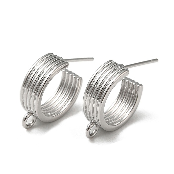 Brass Ring Stud Earring Finding, Half Hoop Earrings with Loops, Real Platinum Plated, 15x18x5mm, Hole: 1.8mm, Pin: 10x0.8mm