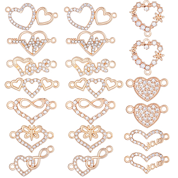 40Pcs 10 Styles Alloy Crystal Rhinestone Connector Charms, Heart Links, Mixed Color, 10~19x18~29x2~4mm, Hole: 1.2~1.8mm, 4pcs/style