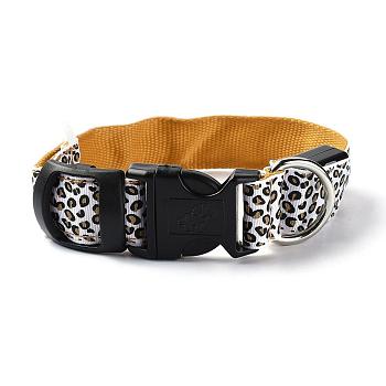 Adjustable Polyester LED Dog Collar, with Water Resistant Flashing Light and Plastic Buckle, Built-in Battery, Leopard Print Pattern, Gold, 355~535mm