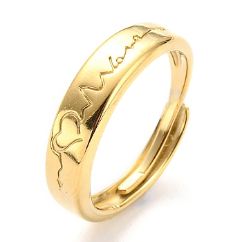 304 Stainless Steel Heart Beat Adjustable Ring for Women, Real 14K Gold Plated, Inner Diameter: 17mm