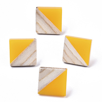 Opaque Resin & Wood Stud Earrings, with 304 Stainless Steel Pin, Rhombus, Gold, 17x18mm, Pin: 0.7mm