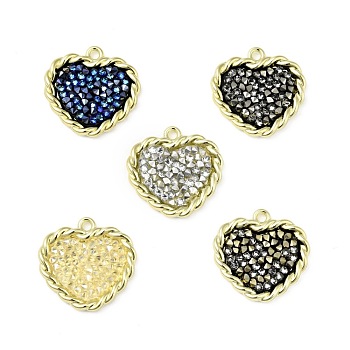 Rhinestone Pendants, with Light Gold Plated Brass Findings, Heart, Cadmium Free & Lead Free, Mixed Color, 21.5x21.5x3mm, Hole: 1.8mm