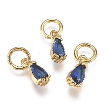 Brass Micro Pave Cubic Zirconia Charms, with Jump Ring, Long-Lasting Plated, Real 18K Gold Plated, Faceted, Teardrop, Blue, 8x3x3mm, Hole: 3mm