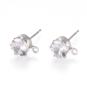 Brass Stud Earring Findings, with 316 Surgical Stainless Steel Pin, Cubic Zirconia and Loop, Long-Lasting Plated, Flat Round, Real Platinum Plated, Clear, 8x6x5.5mm, Hole: 1mm, Pin: 0.7mm