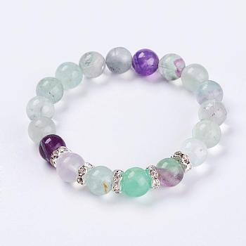 Natural Fluorite Stretch Bracelets, with Rhinestone Spacer Beads, 2 inch(52mm), 1strand/box