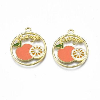 Alloy Enamel Pendants, Cadmium Free & Nickel Free & Lead Free, Light Gold, Ring with Word and Orange, Coral, 24.5x22x1.5mm, Hole: 2mm