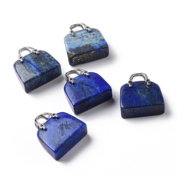 Natural Lapis Lazuli Brass Pendants, Platinum, Bag, 27.5x25x10mm, Hole: 6mm