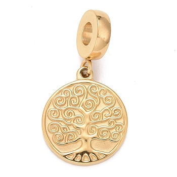 304 Stainless Steel European Dangle Charms, Large Hole Pendants, Flat Round with Tree, Golden, 28mm, Hole: 4.5mm, Flat Round: 17.5x15x2mm