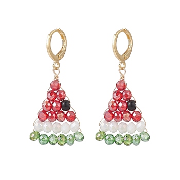 Glass Braided Beaded Watermelon Dangle Leverback Earrings, Brass Wire Wrap Jewelry for Women, Colorful, 40mm, Pin: 0.8mm