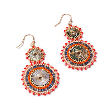 Glass Seed Braided Dangle Earrings for Women, Bohemian Style, Coral, 78x33mm