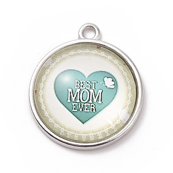 Mother's Day Theme Alloy Glass Pendants, Flat Round with Word, Medium Aquamarine, 23.5x20x6mm, Hole: 2mm