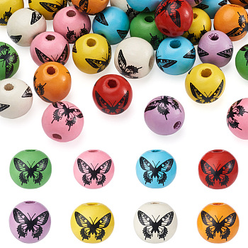 Fashewelry 80Pcs 8 Colors Printed Natural Wood Beads, Round with Butterfly Pattern, Mixed Color, 15~16mm, Hole: 3.6~4.2mm, 10pcs/color