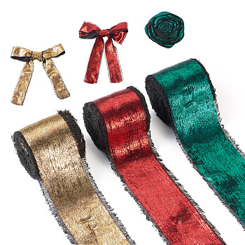 Christmas Theme 3 Rolls 3 Colors Polyester Frayed Ribbon, Fringe Raw Edges Ribbon, for Wedding Invitations, Bouquets, Gift Wrapping, Mixed Color, 1-1/2 inch(38mm), about 5 yards/roll, 1 roll/color