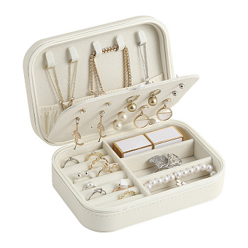 Rectangle Imitation Leather Jewelry Storage Zipper Box, Portable Travel Jewelry Storage Accessories Case, PapayaWhip, 16x11.5x6cm