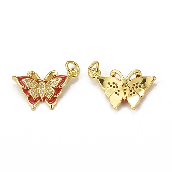 Brass Micro Pave Cubic Zirconia Pendants, with Jump Ring, Enamel Style, Butterfly Charm, Golden, Red, 18x15x3mm, Hole: 3mm