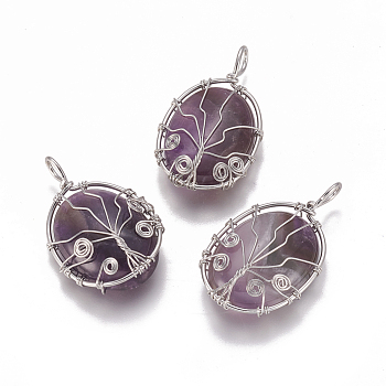 Natural Amethyst Pendants, with Brass Findings, Oval with Tree, Platinum, 43.5x26x9mm, Hole: 5.5x4mm