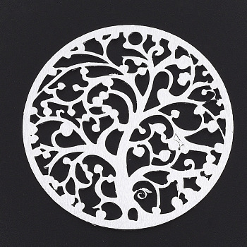 Aluminium Big Pendants, Laser Cut Big Pendants, Flat Round with Tree of Life, Silver Color Plated, 50x1mm, Hole: 3mm