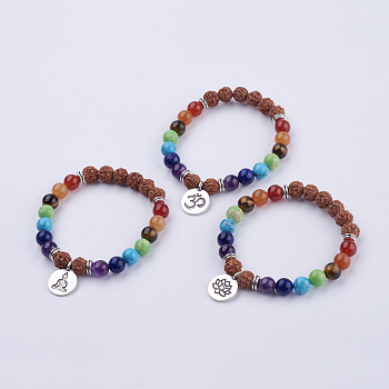 Yoga Chakra Jewelry, Natural & Synthetic Mixed Stone and Bodhi Wood Stretch Charm Bracelets, with Tibetan Style Alloy Pendant, 51mm, about 22pcs/strand