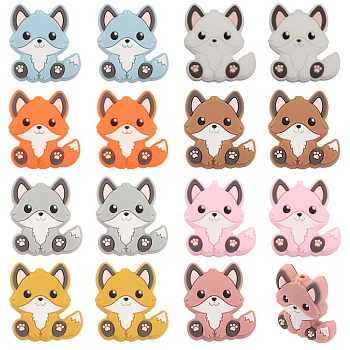 16Pcs 8 Colors Fox Food Grade Eco-Friendly Silicone Beads, Chewing Beads For Teethers, DIY Nursing Necklaces Making, Mixed Color, 30x26.5x9.5mm, Hole: 2.2mm, 2pcs/color