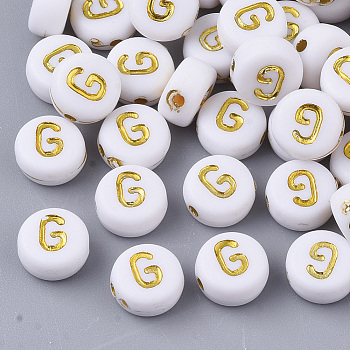 Plating Acrylic Beads, Golden Metal Enlaced, Horizontal Hole, Flat Round with Alphabet, White, Letter.G, 7x3.5mm, Hole: 1.2mm, about 3600pcs/500g