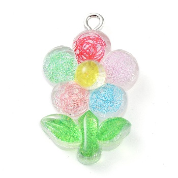 Translucent Resin Pendants, Glitter Charms with Platinum Tone Iron Loops, Flower, 29x7.5x6.5mm, Hole: 2mm