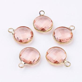 Golden Tone Brass Glass Flat Round Charms, Faceted, PeachPuff, 12x8.5x3mm, Hole: 1.5mm