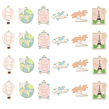 30Pcs 6 Styles Alloy Pendants, with Enamel, Light Gold, Travel Theme, Suitcase & Hot Air Balloon & Plane, Pink, 32x24.5x1.5mm, Hole: 2mm, 5pcs/style