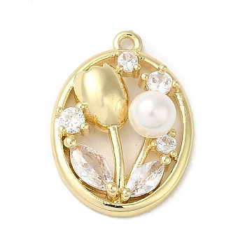 Brass Micro Pave Cubic Zirconia Pendants, with Shell Pearl, Oval with Flower, Real 14K Gold Plated, 19x13.5x6mm, Hole: 1.2mm