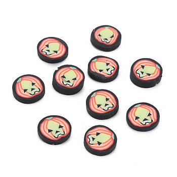 Halloween Handmade Polymer Clay Cabochons, Flat Round with Pumpkin, Black, 9~9.5x2~2.5mm, about 5000pcs/1000g