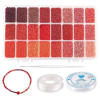 480g 24 Colors 12/0 Opaque Glass Seed Round Beads, with 1Pc Beading Needles and 2 Rolls Elastic Crystal Thread, Red, 2mm, 20g/color