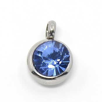 Trendy Original Color 304 Stainless Steel Grade A Rhinestone Flat Round Charm Pendants, Faceted, Stainless Steel Color, Cobalt, 9x6.5x4mm, Hole: 2mm