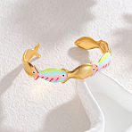 304 Stainless Steel Enamel Cuff Bangles for Women, Fish, Real 18K Gold Plated, Colorful, Inner Diameter: 2.44 inch(6.2cm)(WGADC4F-01)
